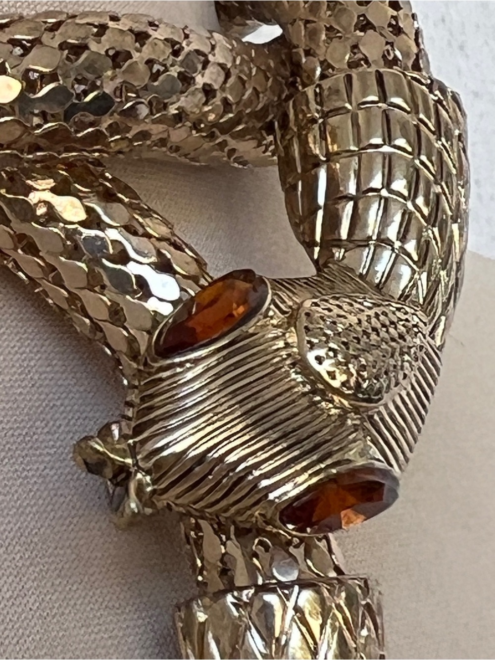 Unsigned Whiting Davis Oromesh Gold Mesh Snake Belt Lariat Necklace Crystal Eyes - Picture 5 of 12